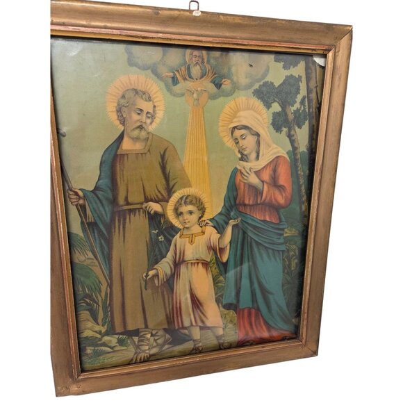 Vintage Religious Framed Lithograph Holy Family With Gold Tone Wood Frame - Picture 2 of 4